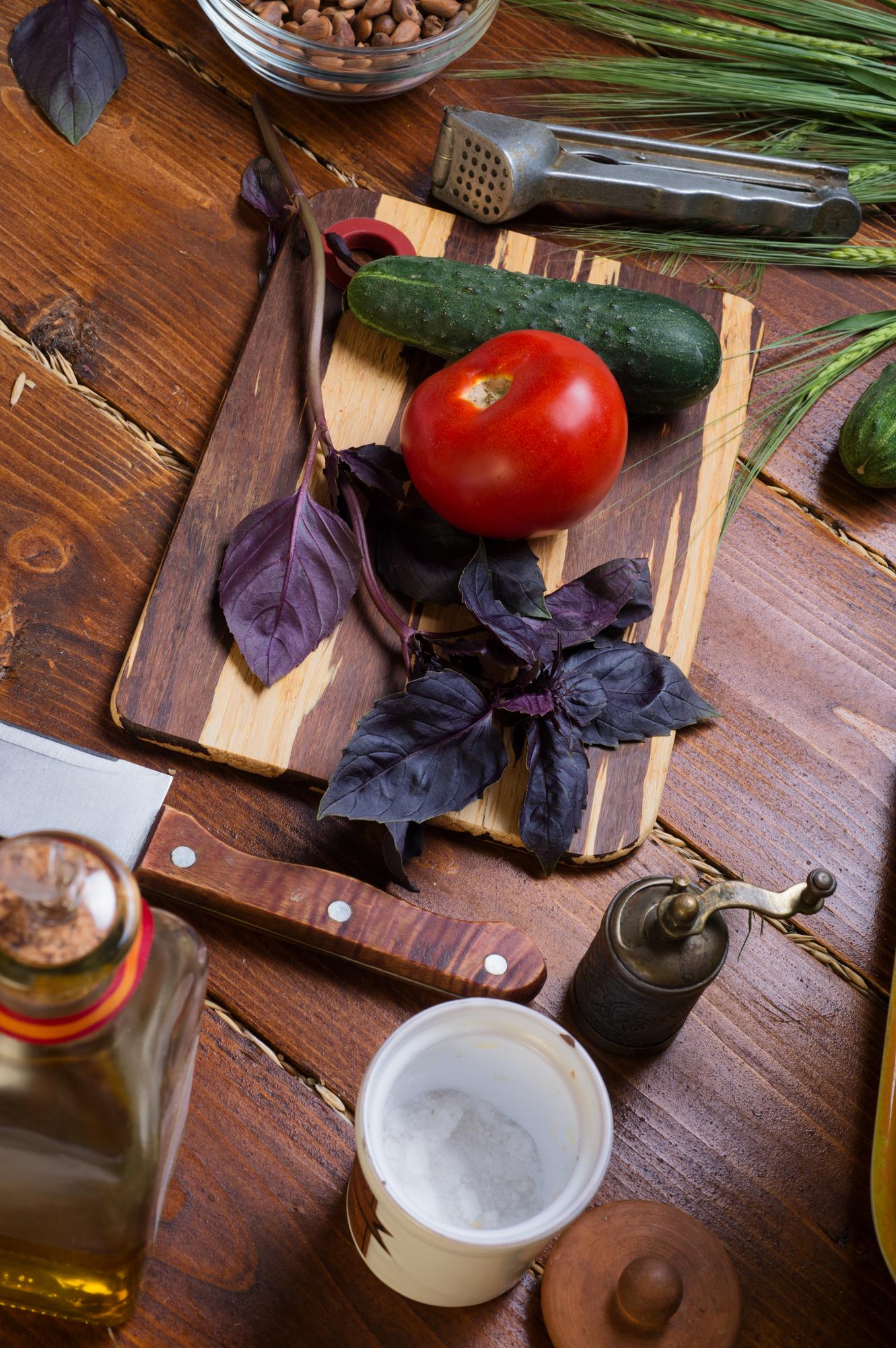 Rustic kitchen counter with local ingredients